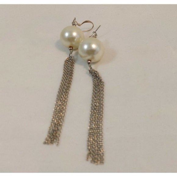 Vintage Dangle Drop Earrings 15mm faux pearl tassel Earrings 3.5" - Picture 3 of 5